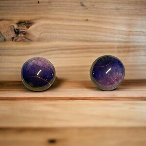 Vintage Purple Pink Gold Porcelain Ball Earrings Pierced Studs